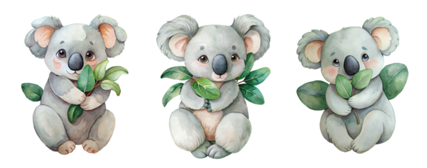 Collection of Watercolor Koalas Hugging Eucalyptus Leaves Illustrations