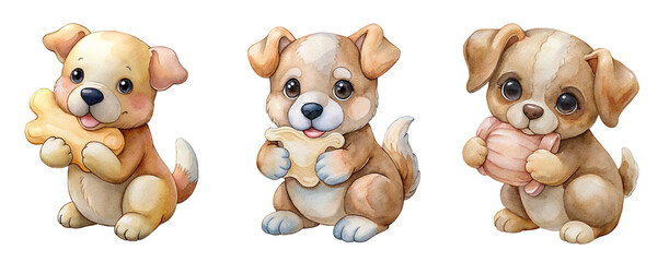 Obraz premium Collection of Adorable Watercolor Puppy Illustrations Hugging Plush Bone Toys