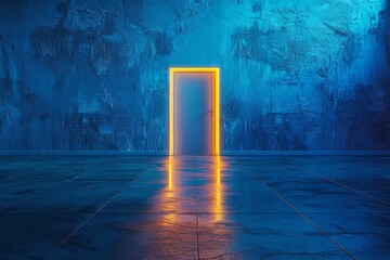 Luminous doorway on dark blue background symbolizes opportunity and optimism.