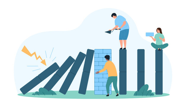 Business continuity, proactive crisis management of company resistant to interventions, disaster risks. Tiny people building brick wall to avoid crisis, domino falling cartoon vector illustration