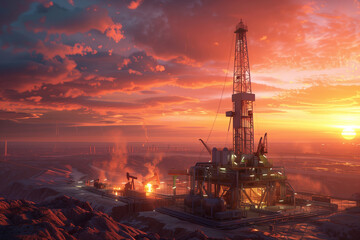 Obraz premium High-tech oil and land drilling rig with modern equipment situated in a rugged desert environment engineers in protective clothing performing maintenance the sky painted with hues from setting sun.