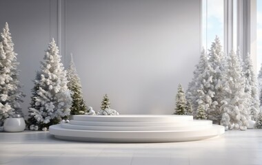 Fototapeta premium New Year's decoration with a podium, Christmas trees on a white background for promotional New Year's offers.