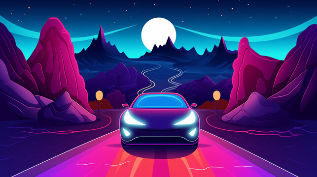 Illustration in a cartoon style depicting a Electric car driving on a mountain road
