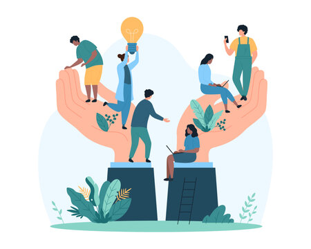 Support for employees wellbeing, personnel growth and benefits from corporate company manager. Giant businessmans hands hold tiny people with light bulb and laptop cartoon vector illustration