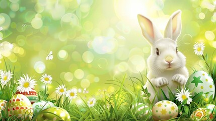 Background with eggs and white bunny 
