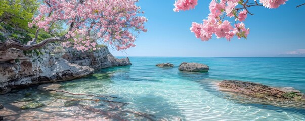 Tranquil waters with vibrant pink blossoms, neon green foliage, and scattered driftwood under a clear blue sky.