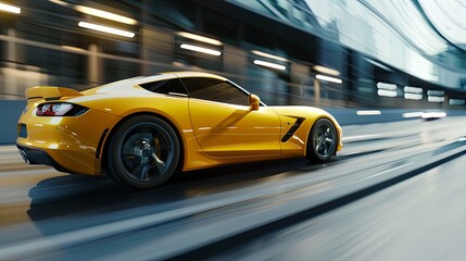 Fototapeta premium Yellow sports car riding on highway road. Car in fast motion. Fast moving supercar on the street. 3d illustration