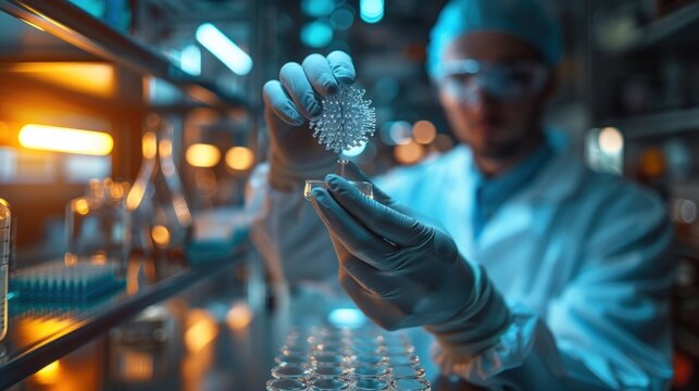 High-resolution image of a nanotechnology lab, with close-up of a scientist's hand holding a nanoparticle sample. The background features blurred scientific equipment, emphasizing the research
