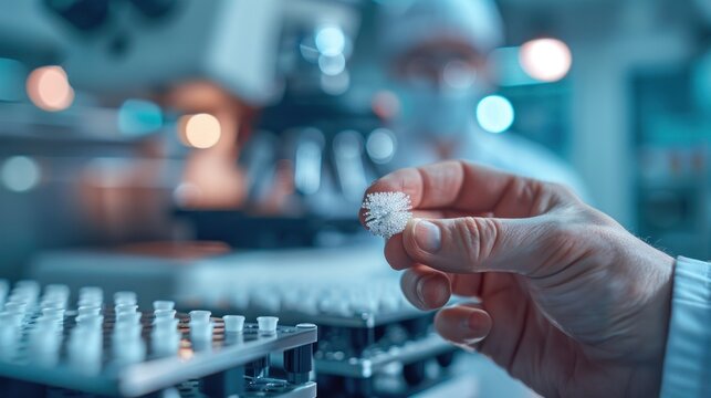 High-resolution image of a nanotechnology lab, with close-up of a scientist's hand holding a nanoparticle sample. The background features blurred scientific equipment, emphasizing the research