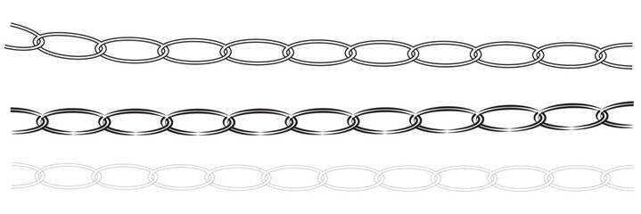 Monochrome set different type of metal chains in silhouette style. Seamless shape, for graphic design of logo, emblem, symbol, sign, badge, label, stamp, isolated on white background