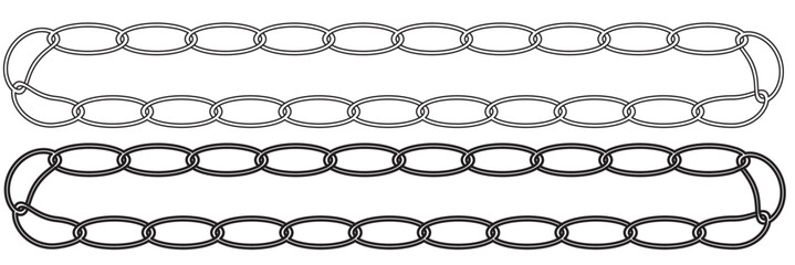 Monochrome set different type of metal chains in silhouette style. Seamless shape, for graphic design of logo, emblem, symbol, sign, badge, label, stamp, isolated on white background