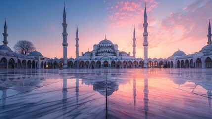 Obraz premium Elegant mosque at dawn with reflecting marble floors and towering minarets