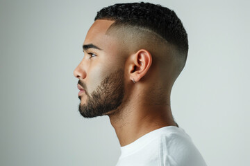 Obraz premium Handsome young man with short hair and beard in side view on white background