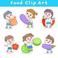 Cute kids in vegetables and fruits vector.