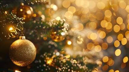 Fototapeta premium Christmas Tree With gold Baubles close-up against backdrop of golden sparkling Christmas lights