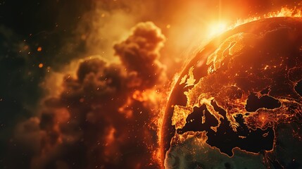 Earth globe under extreme heat from the sun, Europe engulfed in flames and destroyed by fire. Conceptual illustration of global warming, rising temperatures, and climate change disaster.