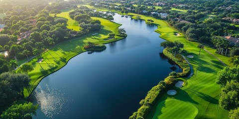 Aerial view of a lush golf course with a serene lake, showcasing the beautiful landscaping and tranquil environment for golfers.