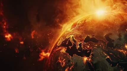 Earth globe under extreme heat from the sun, Europe engulfed in flames and destroyed by fire. Conceptual illustration of global warming, rising temperatures, and climate change disaster.