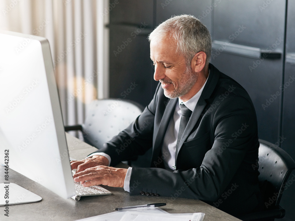 Poster business, mature and man on computer in office, attorney and email client on case progress in law fi