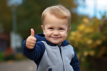 Enthusiastic Toddler child happy smile. Thumb up. Generate Ai
