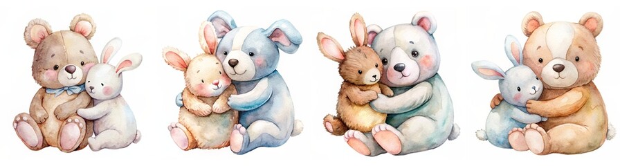 Fototapeta premium Collection of Cute Watercolor Bears Embracing Plush Bunnies in Pastel Colors