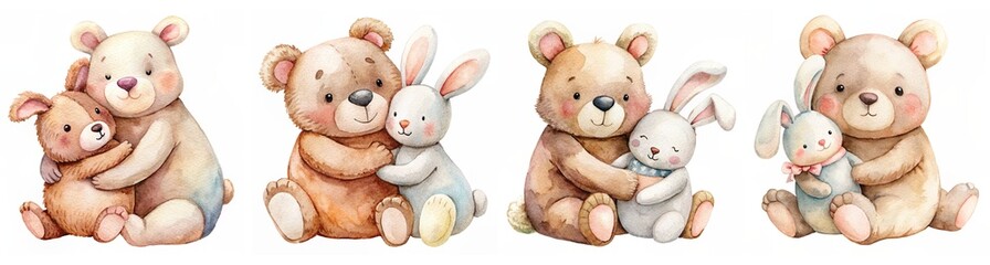 Fototapeta premium Collection of Adorable Watercolor Bears Hugging Plush Bunnies in Various Poses