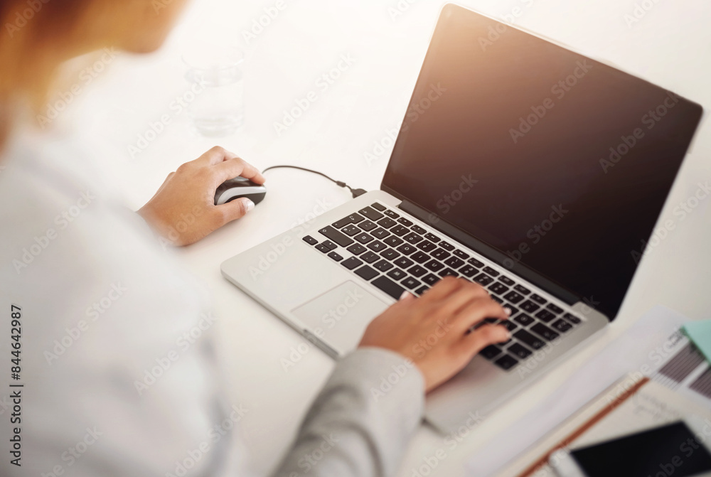Fototapete Hands, laptop and typing with blank screen, copyspace and mockup for networking in modern office. Person, computer and click keyboard for search, reading and contact on web connection with empty ux