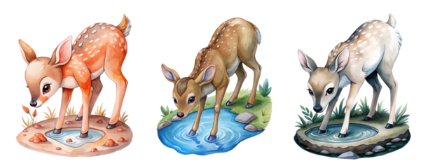 Collection of Whimsical Watercolor Deer Drinking from a Forest Stream