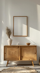 A blank frame hangs above a sideboard, Bohemian style Sideboard, Empty frame wall.