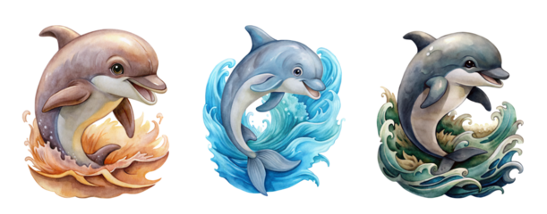 Collection of Vibrant Watercolor Illustrations of Dolphins in Dynamic Poses