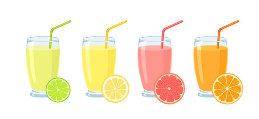 Citrus juices in glasses with straws. Lime, orange, lemon and grapefruit drinks and fresh slices. Vector cartoon illustration.