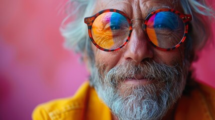 Side view of an individual with pastel-colored hair against a vibrant pink backdrop