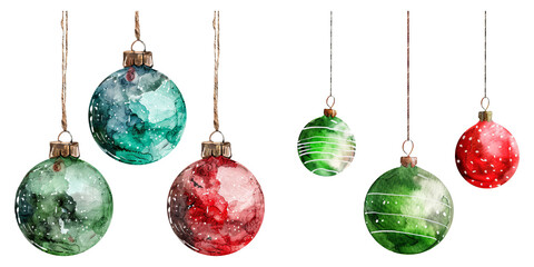 Christmas ornaments hanging on strings isolated on transparent background, png, style of watercolor clipart.