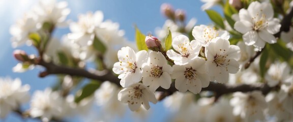 Obraz premium Blooming tree branch with white flowers close up in a sunny day Spring nature concept Selective focus.