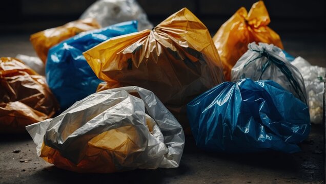 Crumpled plastic bags Garbage sorting and conservation ecology concept Flatlay composition.