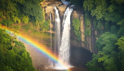 waterfall and rainbow in the forest