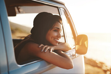 Naklejka premium Road trip, woman and thinking at car window with smile, van and travel for holiday and vacation. Transport, parking and adventure with idea and freedom on summer break with driving and journey by sea