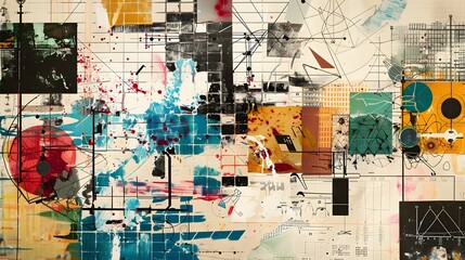 Create a mathematical collage showcasing the beauty and complexity of different branches of mathematics, from algebraic equations to geometric shapes and statistical analyses.