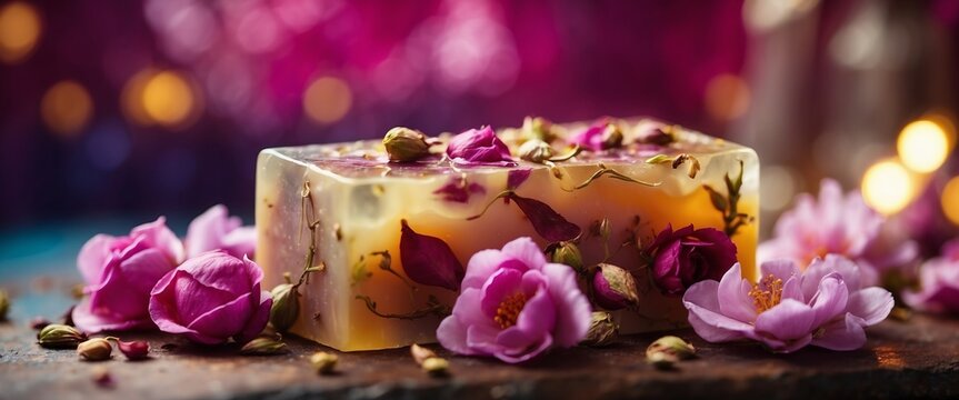 Natural soap with dried rose and orchid buds as a decoration on colorful background.