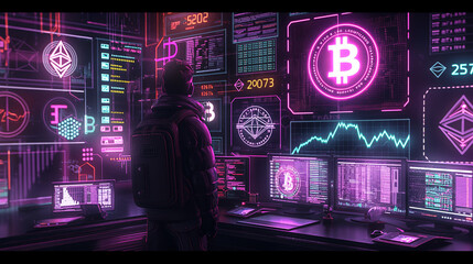 Cryptocurrency Trading Floor of the Future: Holographic Bitcoin Displays and Market Analysis Charts in Neon-Lit Cyberpunk Financial Center