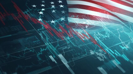 Stock market green red color economy. usa flag background. Trends economic Effect recession on US economy