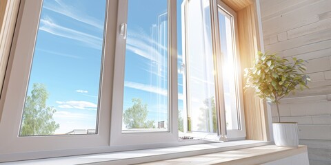 Opened plastic window frame for ventilation, ideal for home and construction photography.