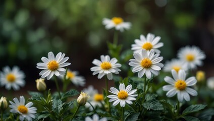 Fototapeta premium A close-up of white and yellow flowers with green leaves in the foreground and a blurry background.