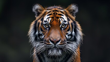 Fototapeta premium Close-up portrait of a tiger with striking detail and deep, intense eyes, set against a dark background
