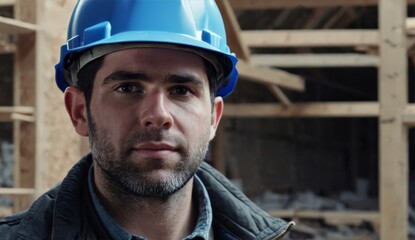 Close-up portrait of a man wearing a helmet on a construction site 