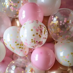 Background for birthday party and celebration with pink, white gold and pastel balloons with confetti 