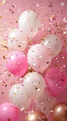 Background for birthday party and celebration with pink, white gold and pastel balloons with confetti 