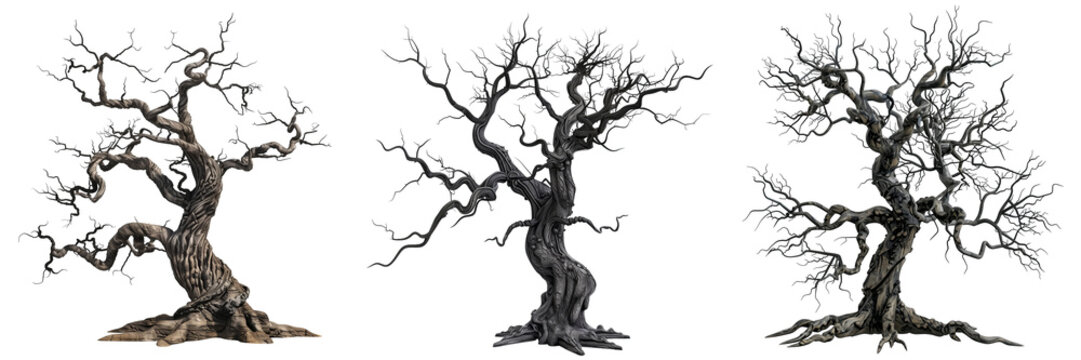 set of haunted tree with twisted branches isolated on transparent background