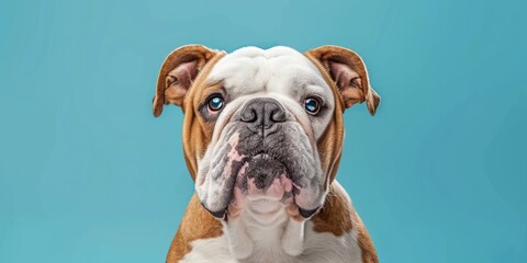 Fototapeta premium Portrait of a bulldog against a blue background, perfect for pet and animal photography.