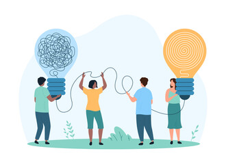 Process of solving complex problem, putting thoughts in order, psychology and help from coach with communication problem. Tiny people untangle chaos of wires to light lamp cartoon vector illustration